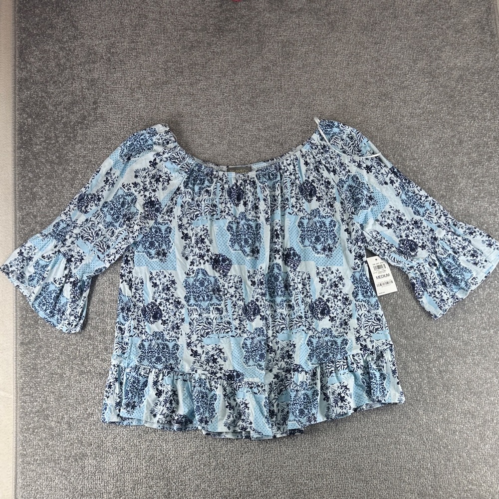 NWT Style & Co 3/4 Long Sleeve Blouse Shirt Blue Pattern Womens M - Picture 4 of 9